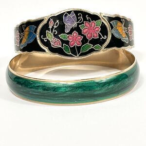 Vintage Enamel Bracelet Lot Cloisonné Butterfly Clamper + Avon Green Bangle